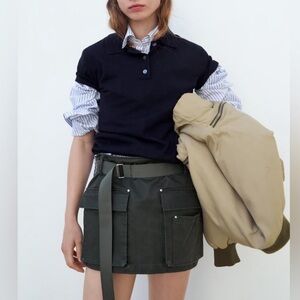 Zara Dark Green Utility Military Style Waxed Cargo Mini Skirt w Pockets & Belt M